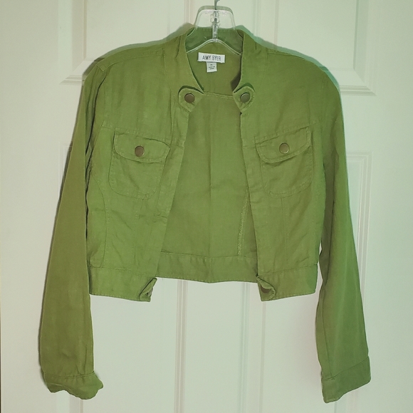 90's Green cropped vintage linen jacket - Picture 2 of 9